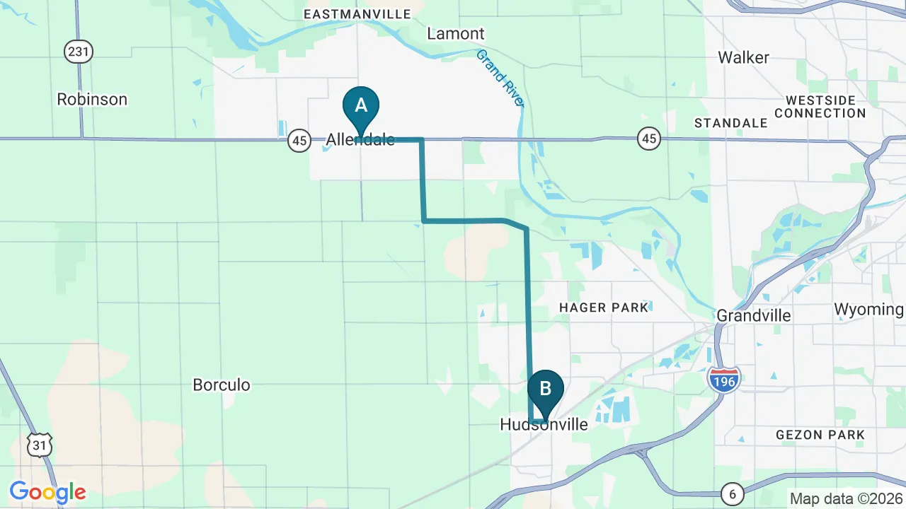 Driving directions map from Allendale, MI to Hans Chiropractic & Injury Center in Norcross