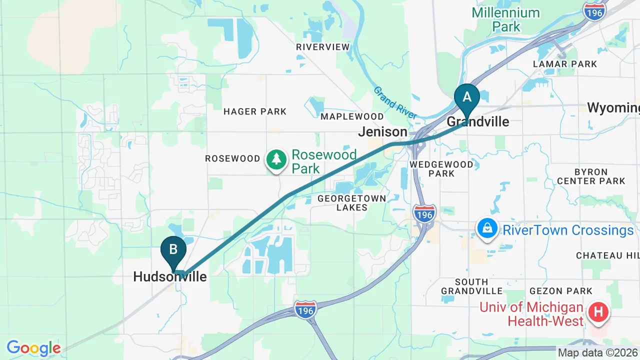 Driving directions map from Grandville, MI to Hans Chiropractic & Injury Center in Norcross