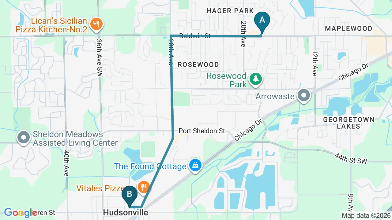 Driving directions map from Jenison, MI to Hans Chiropractic & Injury Center in Norcross
