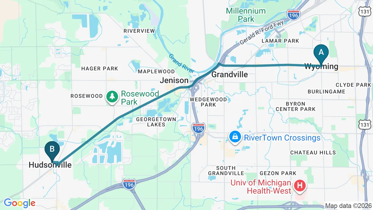 Driving directions map from Wyoming, MI to Hans Chiropractic & Injury Center in Norcross