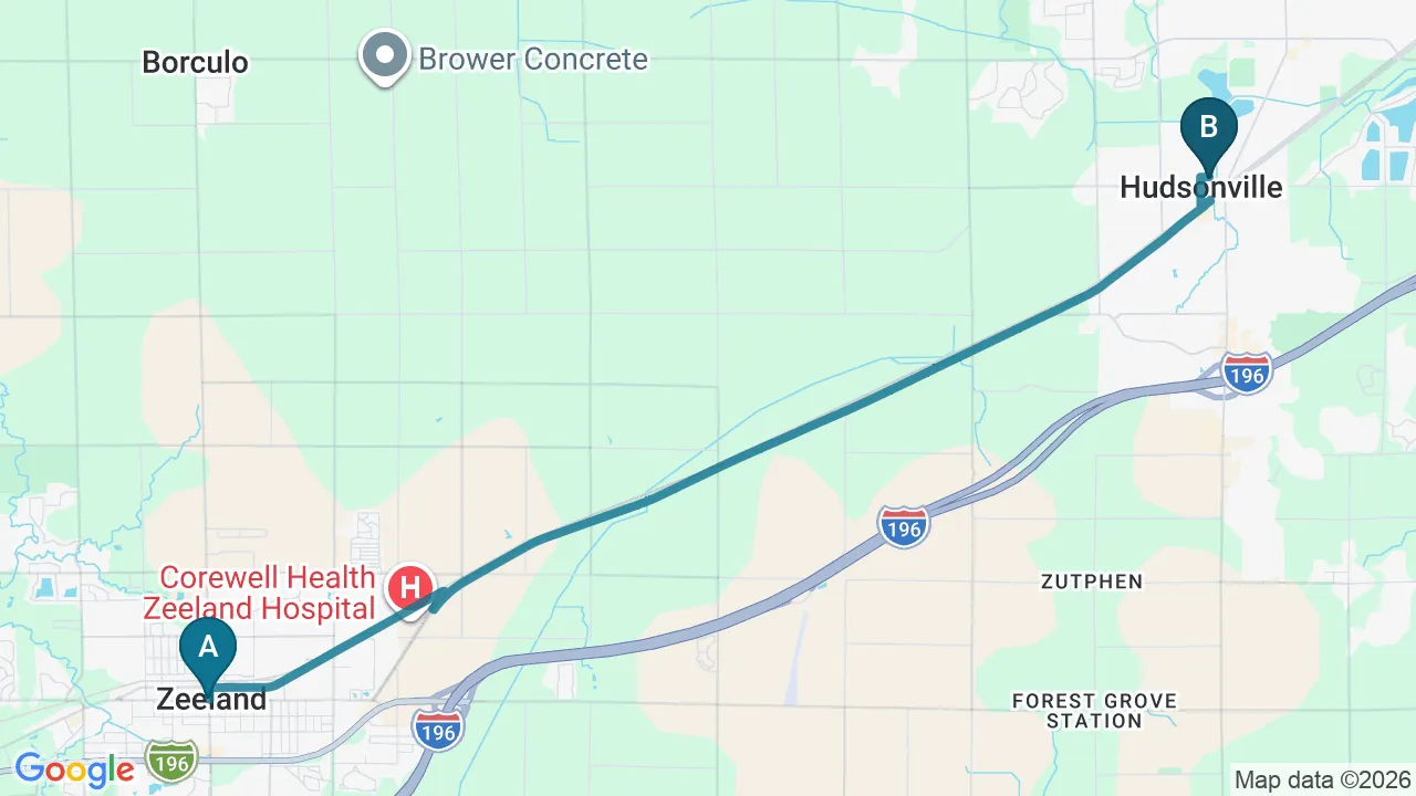 Driving directions map from Zeeland, MI to Hans Chiropractic & Injury Center in Norcross